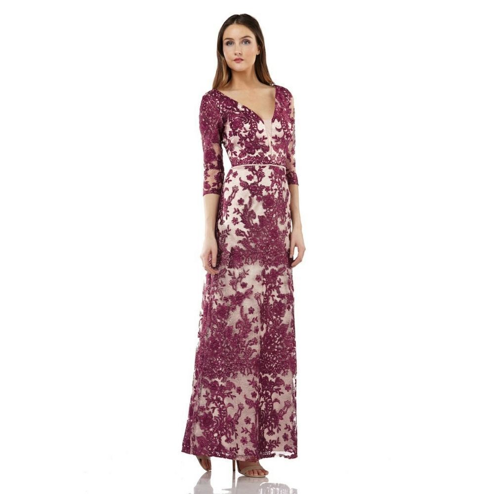New! JS COLLECTIONS Women's Embroidered Lace Gown Dress Color Wine Rose